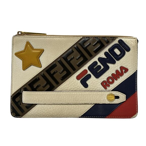 Auth FENDI - 7VA350 Cream Dark Brown Multi Leather Clutch Bag - Picture 2 of 11